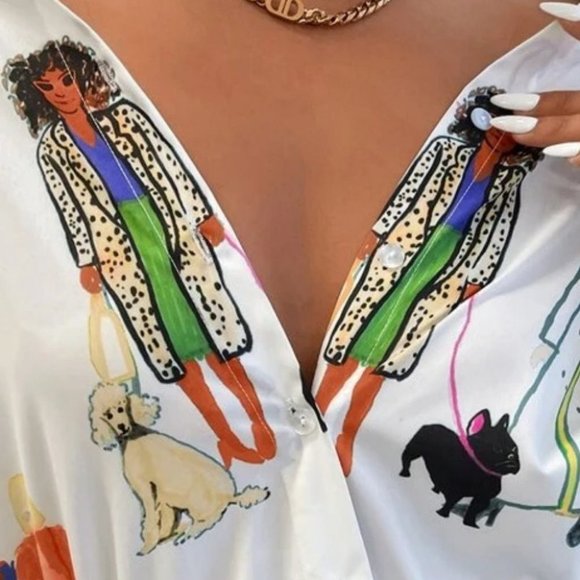 Firgure Print Contemporary Button down long sleeve blouse top - Picture 5 of 7